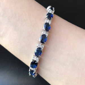 6mmx8mm Oval Blue Sapphire Zirconia CZ White Gold Plated Tennis Bracelet 7" - Picture 1 of 4