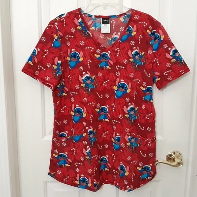 Disney Lilo & Stitch Christmas Scrub Top Stretchy Red Scrubstar S L 3X NEW - Image 1 of 4