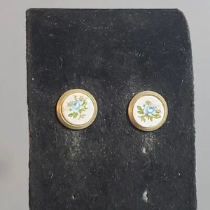 Studded Rose Earrings Gold Tone Blue Mid Century Retro Modernist Pierced 0.5" - Picture 1 of 9