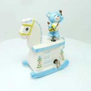 Keramik Baby Spieluhr Schaukelpferd und Teddybär blau spielt Brahms Wiegenlied - Bild 1 von 7