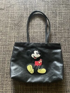 VINTAGE Walt Disney Company Tote Black Leather Mickey Mouse Embroidered BAG - Picture 1 of 11