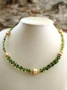 Peridot & Freshwater Pearls In Classic Gold Plated Necklace / Choker & Earrings - Picture 1 of 10