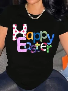 Easter-Themed T-Shirt - Casual Short Sleeve,with Colorful Letter Print - Picture 1 of 11