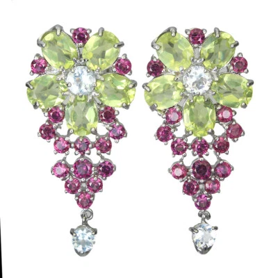 925 Sterling Silver Earrings Oval Peridot Aquamarine Rhodolite Gemstone Jewelry - Image 1 of 4