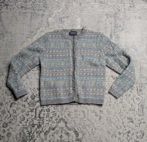 VTG Newton Trading Co. Wool Cardigan Women's Medium Gray & Blue Fair Isle - Picture 1 of 5