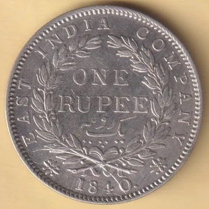 BRITISH INDIA 1840 VICTORIA QUEEN CONTINUOS LEGEND ONE RUPEE RARE SILVER COIN - Picture 1 of 2