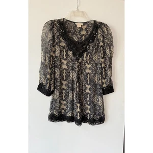 Sundance Black Tan Silk Blouse XS Crochet Trim 3/4 Sleeve Boho Fairy Whimsy Top - Picture 1 of 14