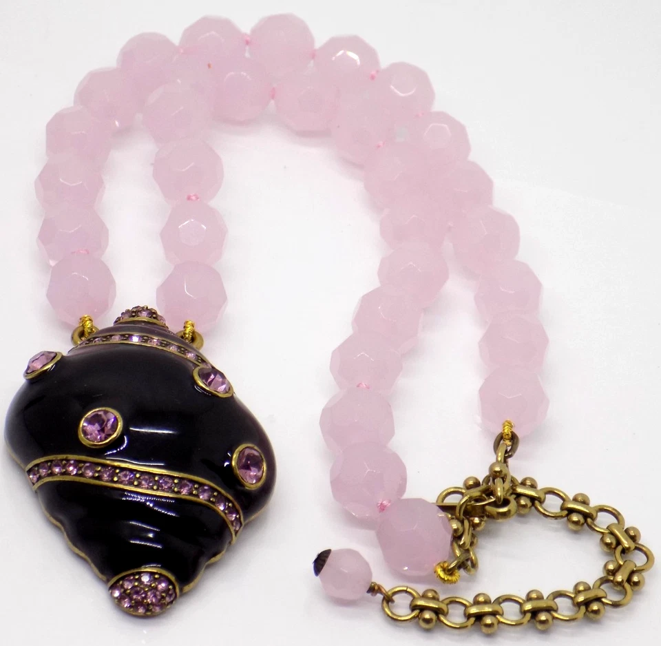 Collar de cuentas de cuarzo HEIDI DAUS esmalte negro rosa estrás concha marina 17"+-27" Foto 1 de 4