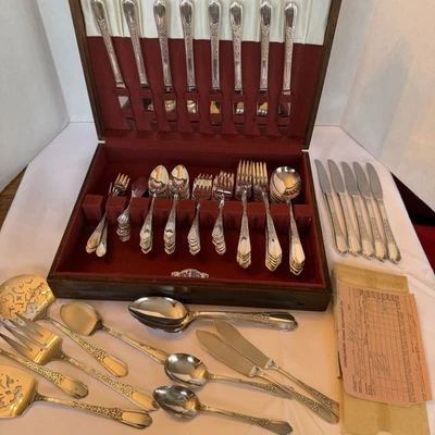 92 pieces VTG Simon L George H Rogers~Silver Plate Flatware Set w/Wooden Box VTG - Image 1 of 4