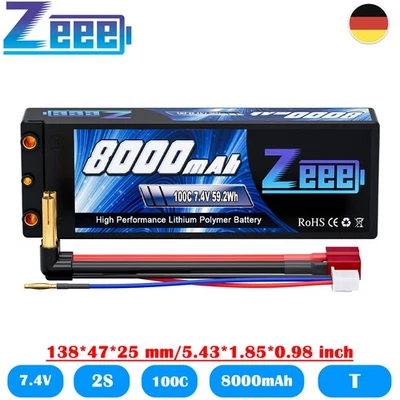Zeee 2S Lipo Akku 7,4V 8000mAh 100C 4mm Bullet to T Stecker für RC Auto Truck - Bild 1 von 4
