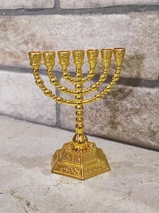 Menorah Hanukkah 7 Israel Brass Judaica Jewish Branch Candle Gold Plated Temple - Imagen 1 de 6