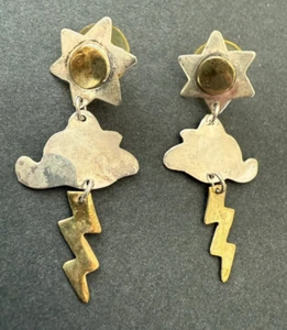ANNE HARVEY Mexico TWO-TONE Cloud-Sun-Thunder Sterling Drop Dangle Earrings - Picture 1 of 8