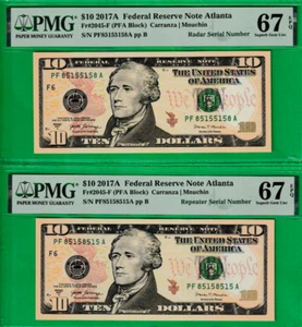 Radar & Repeater Serial # 85155158 & 85158515 $10 Federal Reserve notes PMG 67 - Picture 1 of 2