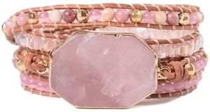 Leather Boho Wrap Bracelet Rose Quartz Agate Healing Stone w Gold Glass Accents - Picture 1 of 2