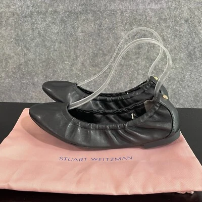 Stuart Weitzman Gabby Scrunch Ballet Flats 6 Black Leather Travel Comfort Shoes - Image 1 of 4