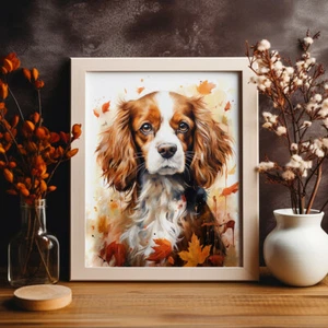 Cavalier King Charles Spaniel in Autumn Print, Modern Dog Painting, Pet Portrait - Picture 1 of 9