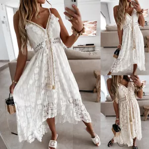 Damen Sommer Boho Spitze V-Ausschnitt Langes Maxikleid Damen Lässiges 〒 - Picture 1 of 13