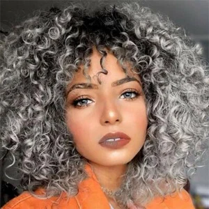 Afro Kinky Curly Wave Synthetic Wig Ombre Silver Grey Hair Cosplay Wigs - Picture 1 of 9