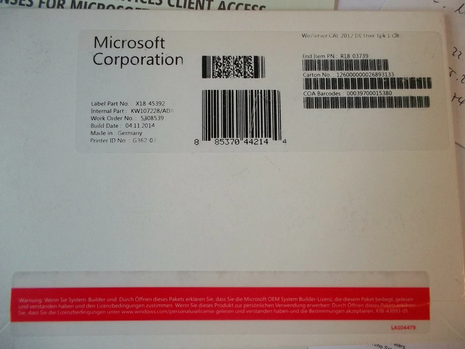 Microsoft Windows Server CAL 2012 Deutsch 1 Client User CAL X18-45392 R18-03739 - Bild 1 von 1