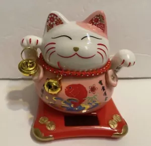 Solar Powered Porcelain Maneki Neko Lucky Beckoning Hands Waving Fortune Cat - Picture 1 of 3