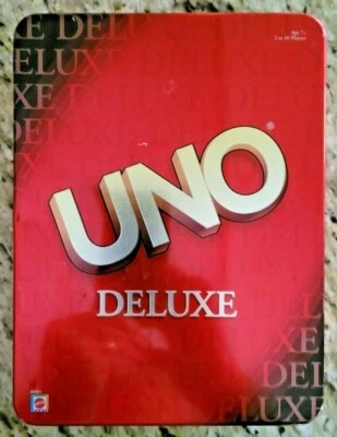UNO DELUXE IN COLLECTIBLE TIN by MATTEL, 2-10 PLAYERS, COMPLETE  #B0001 2002 - Image 1 of 3