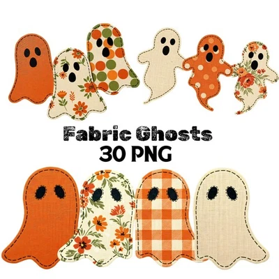 Cute Fabric Patchwork Halloween Ghosts Clipart PNG Digital Download - Image 1 of 4