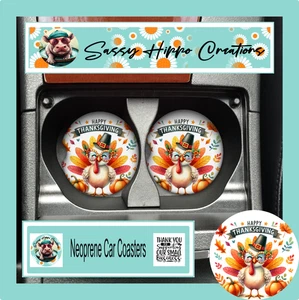 Car Coasters Happy Thanksgiving Turkey Pumpkin Fall Leaves Set of 2 Neoprene - Picture 1 of 5