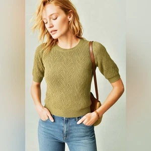 Vintage Pointelle offen Strick Puffärmel Pullover Oberteil französischer Stil Cottagecore - Bild 1 von 6