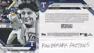 Jonah Heim TEXAS RANGERS TOPPS NOW LOU GEHRIG DAY 2025 LGD-JH - Picture 1 of 1