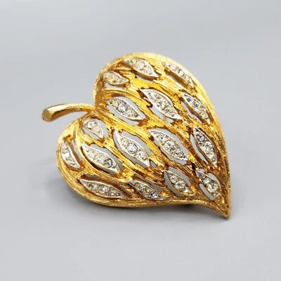 Broche de hoja de corazón pavé cristal tono dorado vintage sin firmar Foto 1 de 4