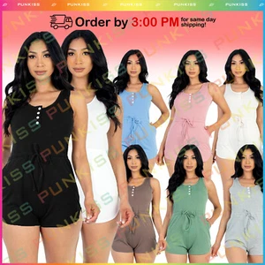 Women Basic Summer Button Up Drawstring Sleeveless??Waisted Tank Romper Jumpsuit - Picture 1 of 13