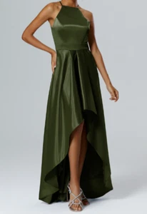 Womens square neck A-line Bridesmaid hi- low pleated skirt olive green dress (S) - Picture 1 of 4
