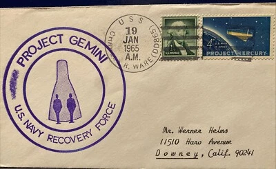 EARLY UNMANNED GEMINI SHIPBOARD SPACE COVER: Gemini 2 CHARLES WARE JAN 19, 1965 - Image 1 of 4