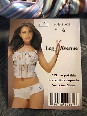 Leg Avenue 2 PC Striped Shirt Bustier Suspender Straps & Shorts Size Lingerie L  - Image 1 of 4