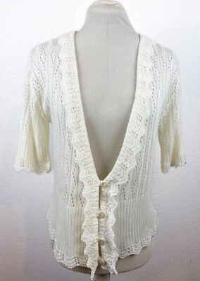 Brittany Black Women’s Knit Cardigan Medium Ivory Short Slv V Neck Button Up EUC - Image 1 of 4
