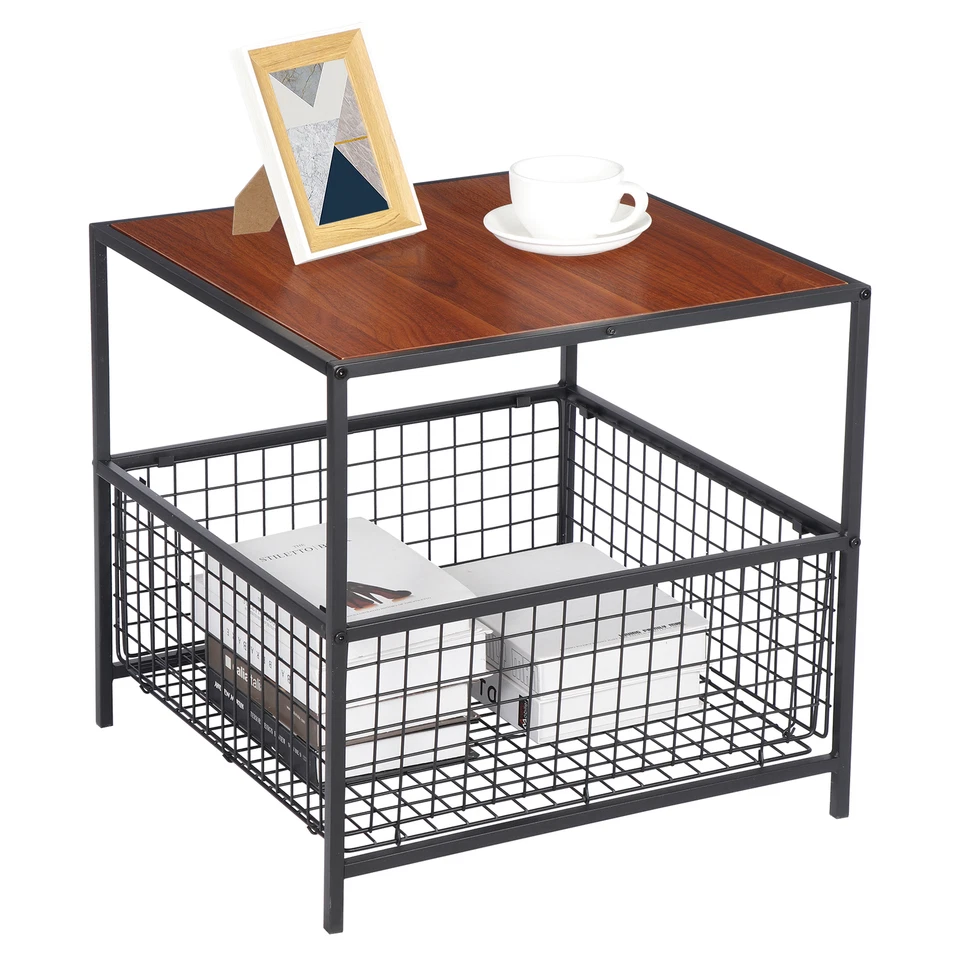 2-Tier Side Table w/ Storage Basket Small End Sofa Coffee Table for Living Room - Image 1 of 4