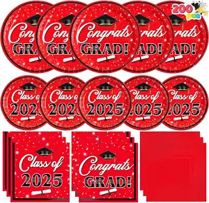 200 Pcs Graduation Party Plates and Napkins Dinnerware Set Supplies, 2025 Red Di - Picture 1 of 12