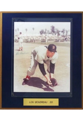 LOU BOUDREAU SIGNED 12x14 BOSTON RED SOX PHOTO + BRONZED NAMEPLATE PLAQUE w/ JSA - Image 1 of 4