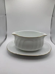 Weiße Porzellan Sauciere & Teller, Ehering Gold Mikasa L9709, NUR handgewaschen - Bild 1 von 10