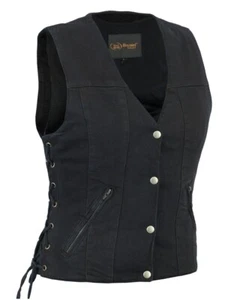 WOMEN'S LADIES MOTORCYCLE BLACK DENIM VEST w/ GUN POCKETS - MA37 - Picture 1 of 4