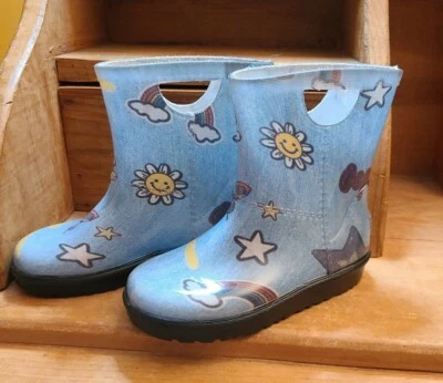 Ugg Kids Girls Raana Patches Denim Rain Boots 9 Daisy Rainbow Stars Butterflys - Image 1 of 4