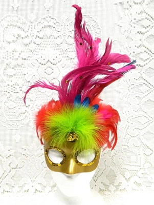 Carnival Masquerade FEATHER Mask MARDI GRAS Costume PARTY Parade PINK Green RED - Image 1 of 4