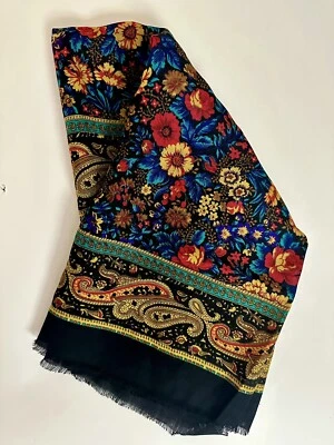 Baar & Beards 100 % Wool  Shawl w/Floral Pattern, Black GORGEOUS COLORS - Image 1 of 4