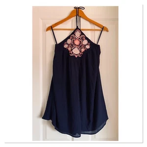 NWOT Angel Biba Navy Pink Embroidered Boho Mini Dress 8 - Picture 1 of 4