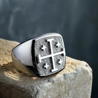 Jerusalem Cross Solid 925 Silver Ring Knights Templar Heraldic Symbol Jewelry - Image 1 of 3