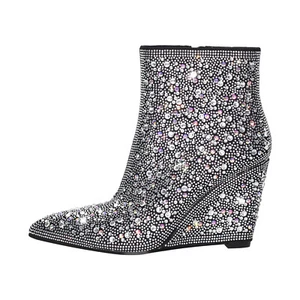 Onlymaker Women's Rhinestone Wedge Heel Ankle Booties Side Zipper Diamante Boots - Picture 1 of 17