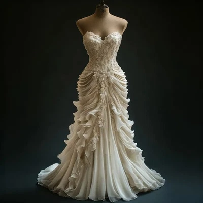 Шикарный без бретелек свадебные платья ярусный с оборками кружева аппликация бисером платье невесты - Изображение 1 из 4