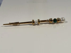 Gold Brosche 585 mit 2 Perlen, Smaragd und Diamant - Bild 1 von 1