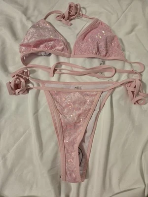 Sexy Pink Sequined Fuzzy Triangle String Bikini Swimsuit Set Sz Small - Image 1 of 4