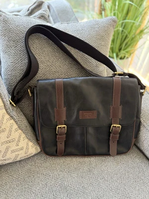 Fossil Two Tone Leather Messenger Bag Magnetic Closure Adjustable Strap Pockets - Image 1 of 4